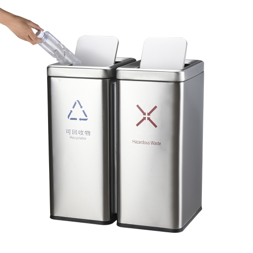 Commercial public stainless steel dual double compartment trash can with liner