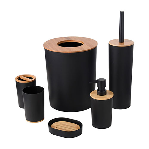 Bamboo plastic home bathroom set with soap dispenser tumbler soap dish
