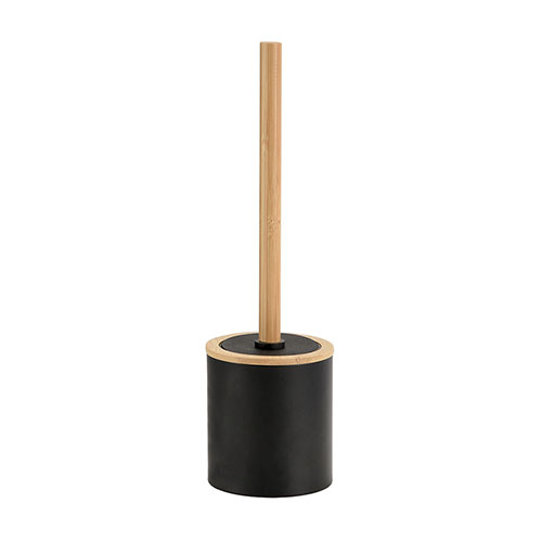 Natural bamboo wood handle toilet bowl brush holder black white