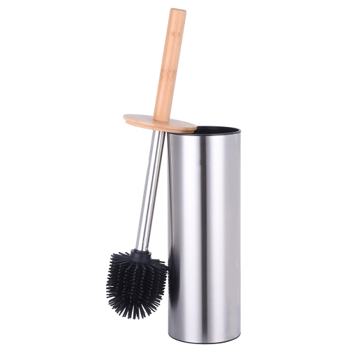 Stainless steel TPR silicone bristle toilet brush holder with bamboo lid handle